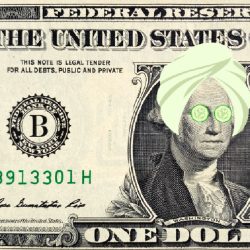 One U.S. dollar bill featuring George Washington with a spa towel on his head and refreshing cucumber slices over his eyes, depicting a self-care spa day