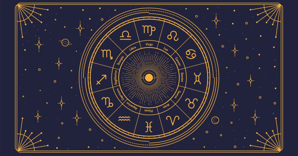 A golden zodiac wheel on a navy-blue rectangular background.